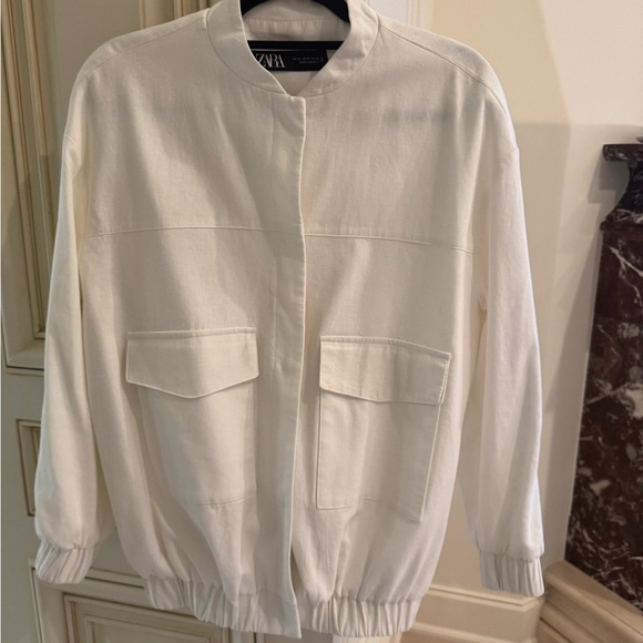 Zara White Bomber Jacket size XS Linen - Picture 1 of 3